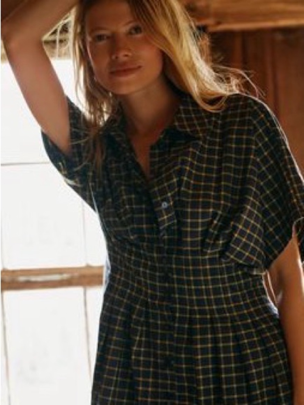 Anthropologie Tobie Mini Checked Short Sleeve Shirt Dress in Navy and Yellow - Picture 2 of 7